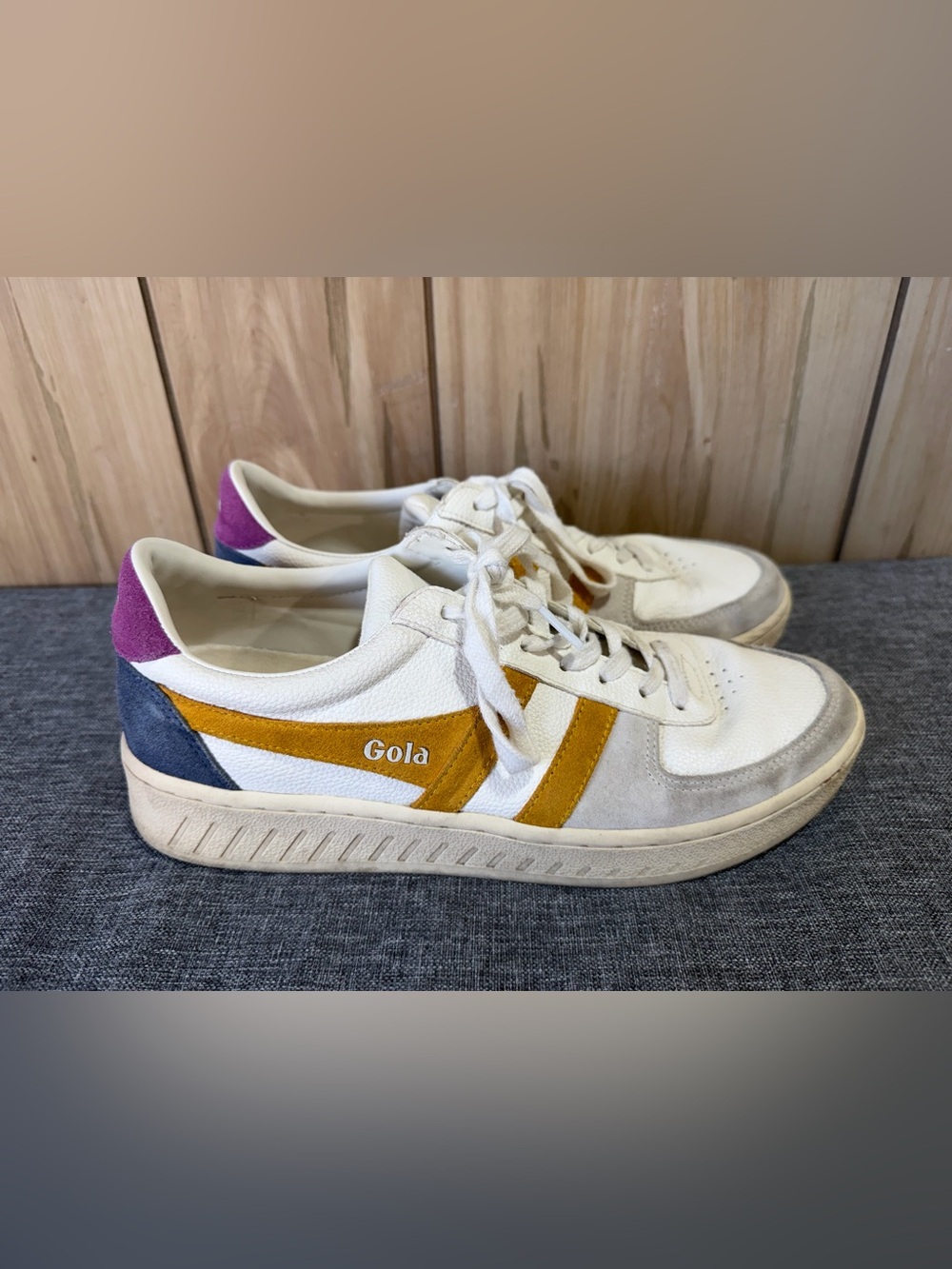 Gola White Sneakers with Mustard Suede Stripes and Purple Heel Accent